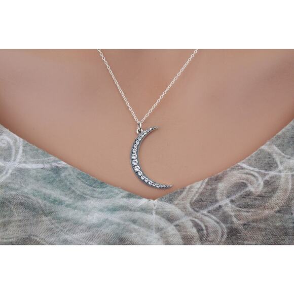 Sterling Silver Crescent Moon Pendant with Nano Gems Necklace - Picture 4 of 5